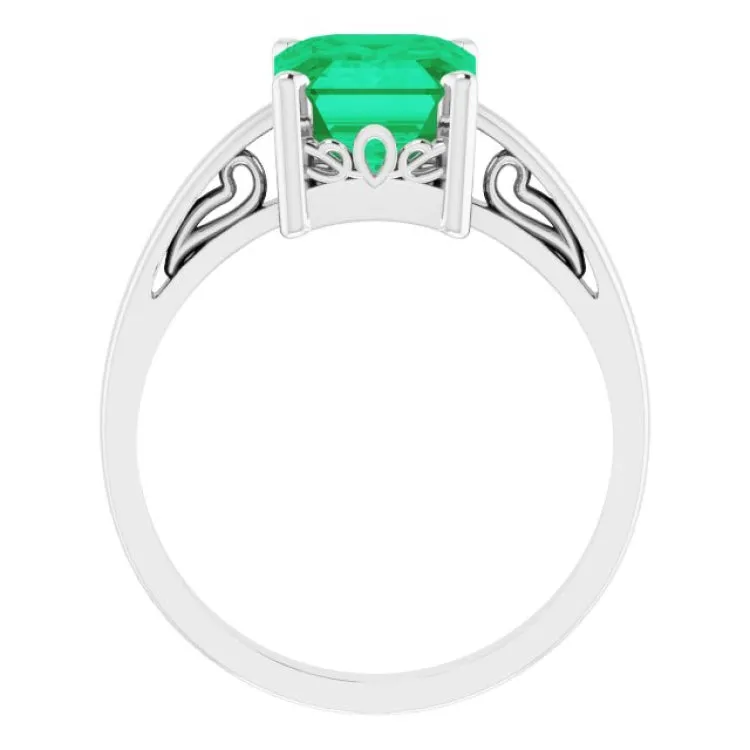 14K White Lab-Grown Emerald Scroll SettingÂ® Ring
