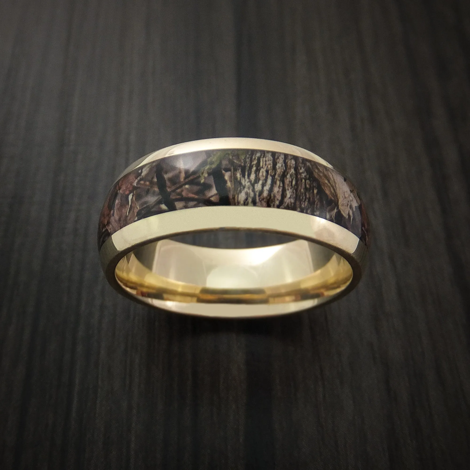 14k Yellow Gold Men's Ring with Camo Inlay Custom Made Wedding Band
