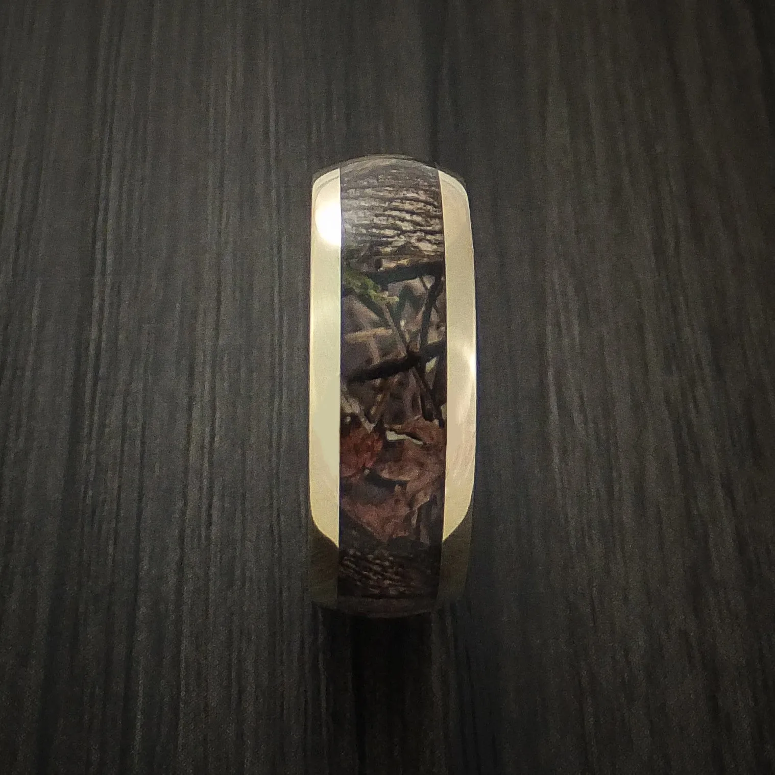 14k Yellow Gold Men's Ring with Camo Inlay Custom Made Wedding Band