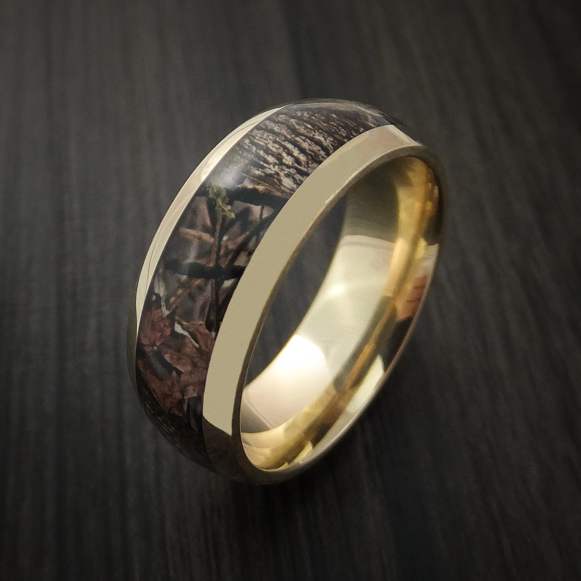 14k Yellow Gold Men's Ring with Camo Inlay Custom Made Wedding Band