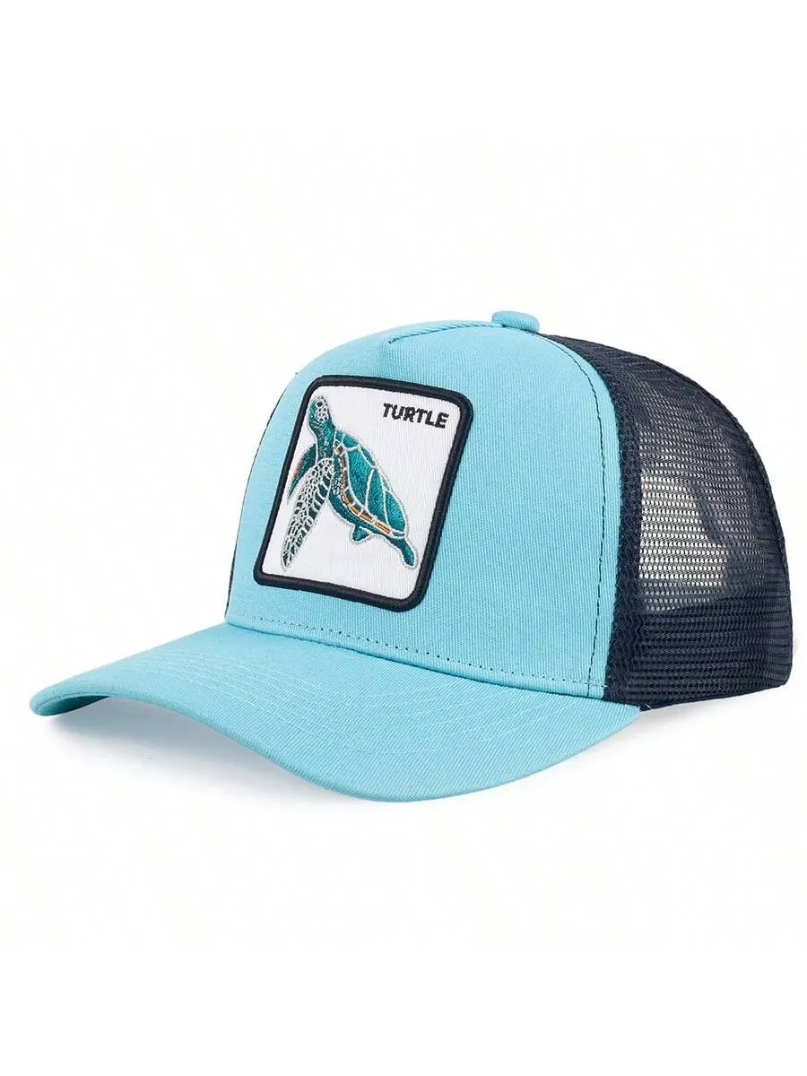 1pc Men's Fashion Color Block Ocean Animal Baseball Cap, Summer Outdoor Sun Hat, Unique Half Mesh Trucker Cap, Baseball Cap, Suitable For Everyday Wear