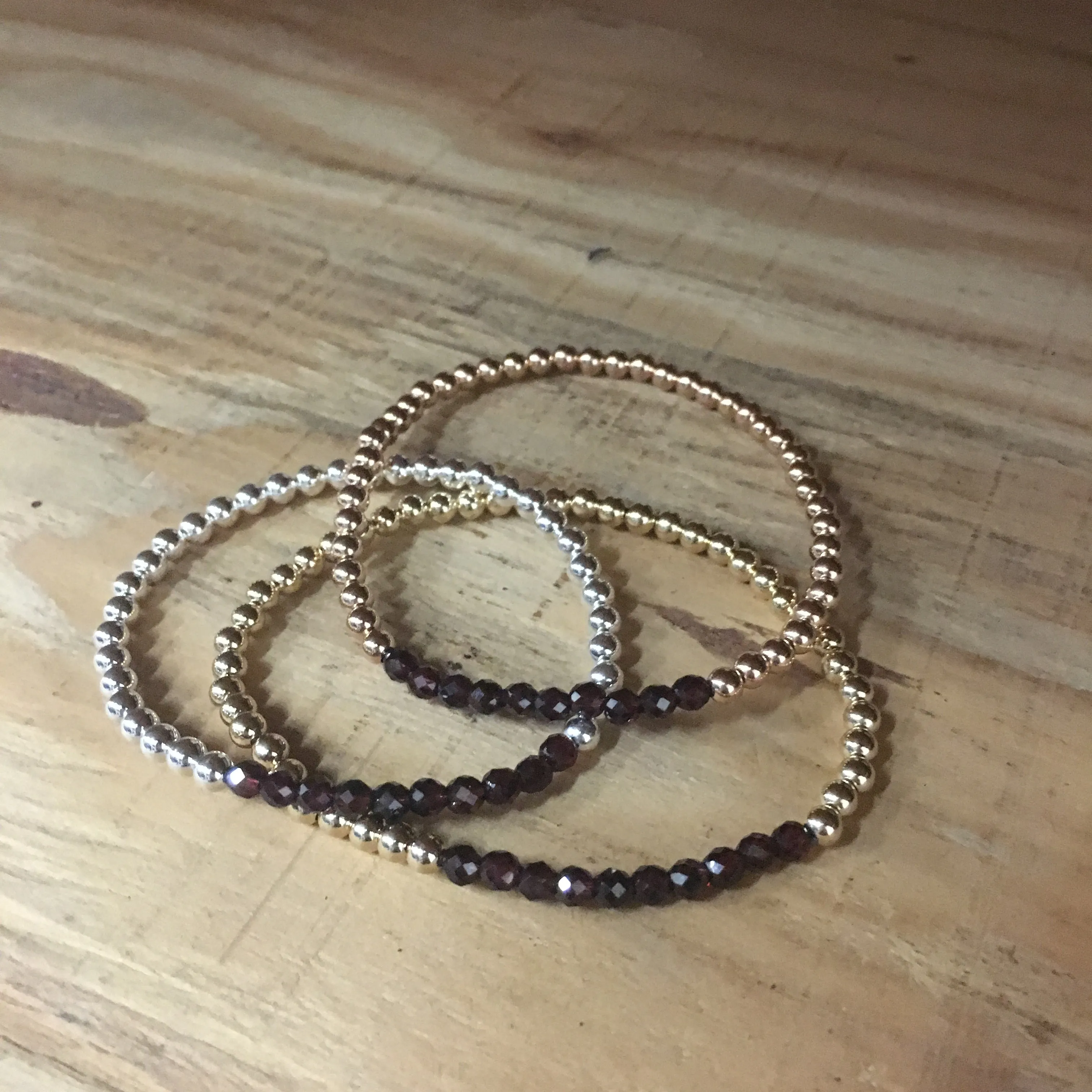4mm Beaded Bracelet with a Row of Garnet Gemstones