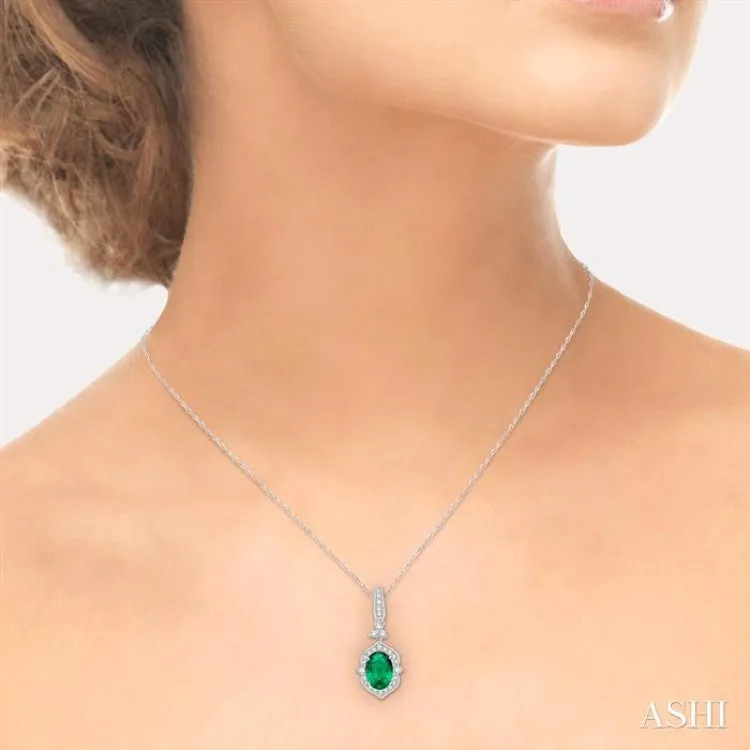 6x4 MM Oval Shape Emerald and 1/5 Ctw Diamond Precious Pendant in 14K White Gold with Chain