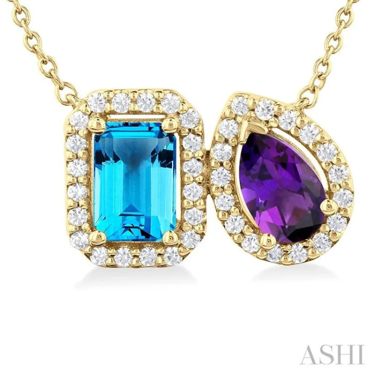 7X5 MM Emerald Cut Blue Topaz & Pear Cut Amethyst and 1/4 ctw Toi Et Moi Round Cut Diamond Necklace in 14K Yellow Gold
