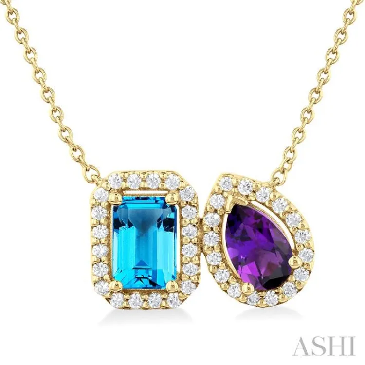 7X5 MM Emerald Cut Blue Topaz & Pear Cut Amethyst and 1/4 ctw Toi Et Moi Round Cut Diamond Necklace in 14K Yellow Gold