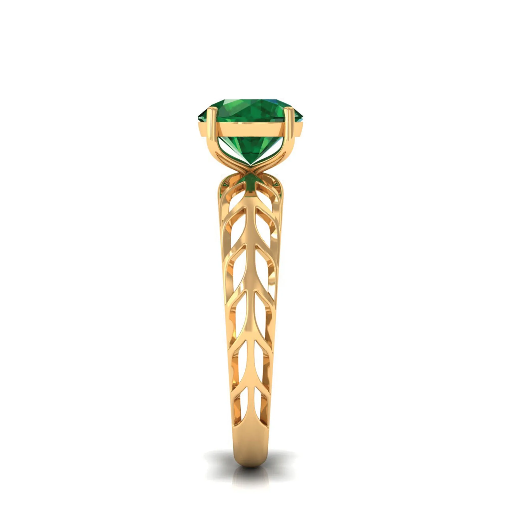 8 MM Round Created Emerald Solitaire Engagement Ring with Gold Filigree Details
