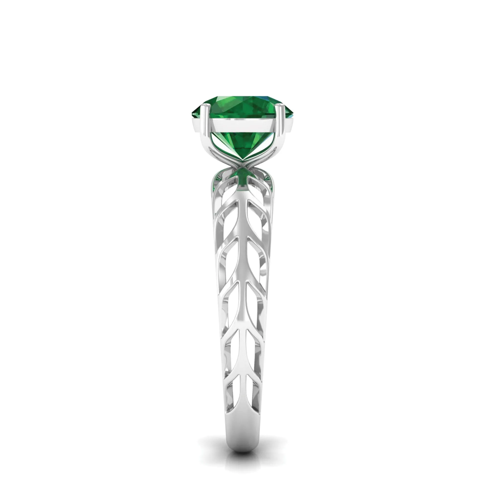 8 MM Round Created Emerald Solitaire Engagement Ring with Gold Filigree Details