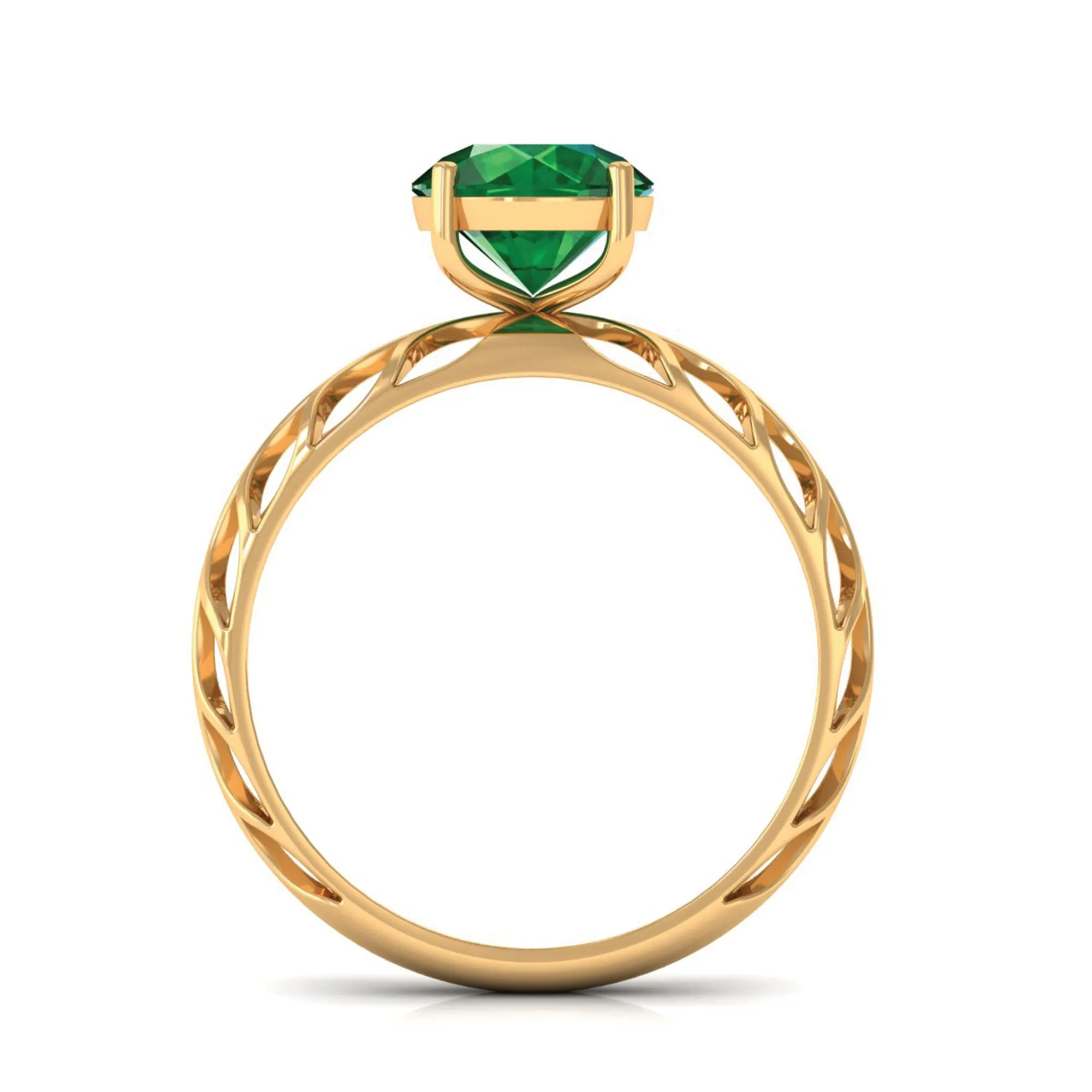 8 MM Round Created Emerald Solitaire Engagement Ring with Gold Filigree Details