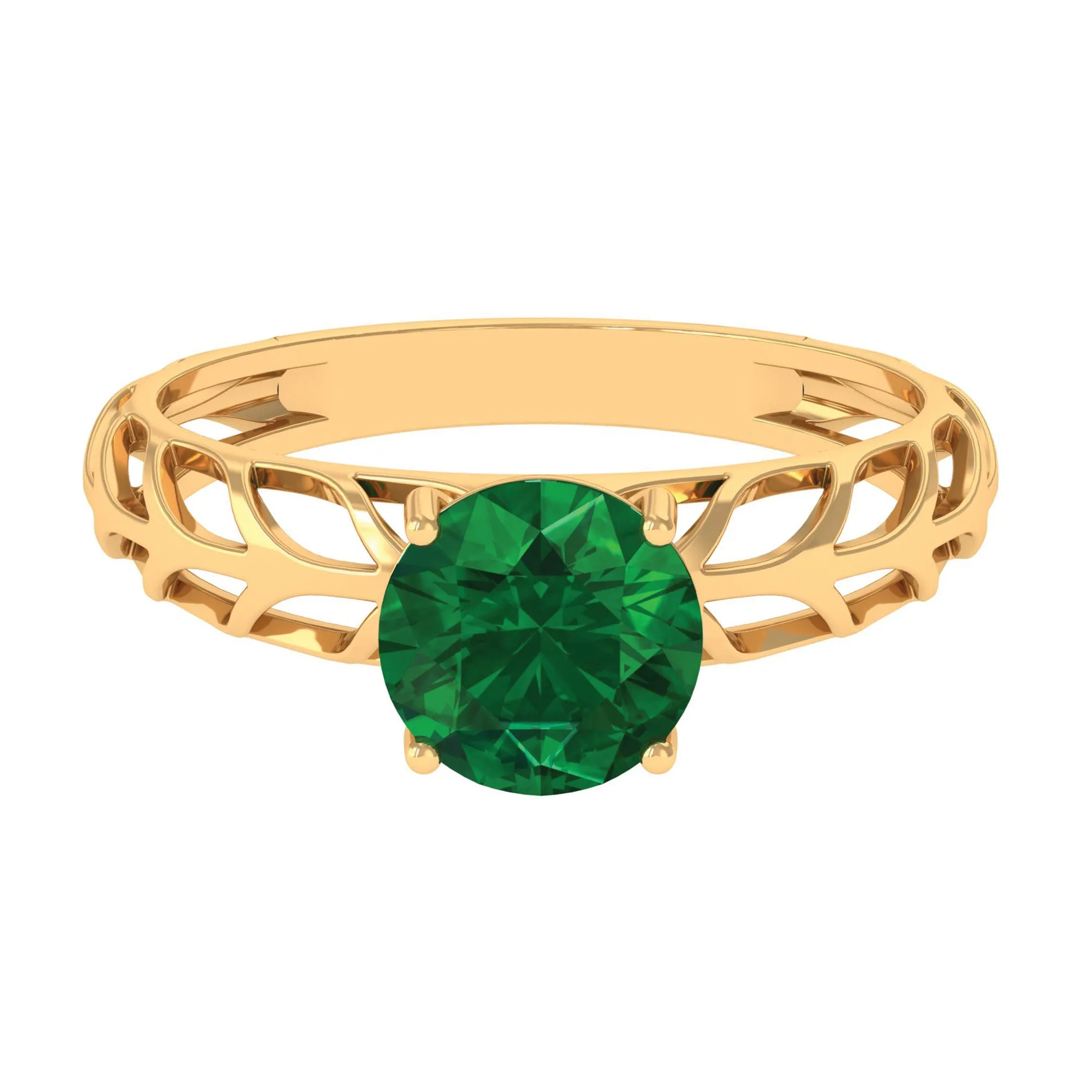 8 MM Round Created Emerald Solitaire Engagement Ring with Gold Filigree Details