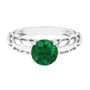 8 MM Round Created Emerald Solitaire Engagement Ring with Gold Filigree Details