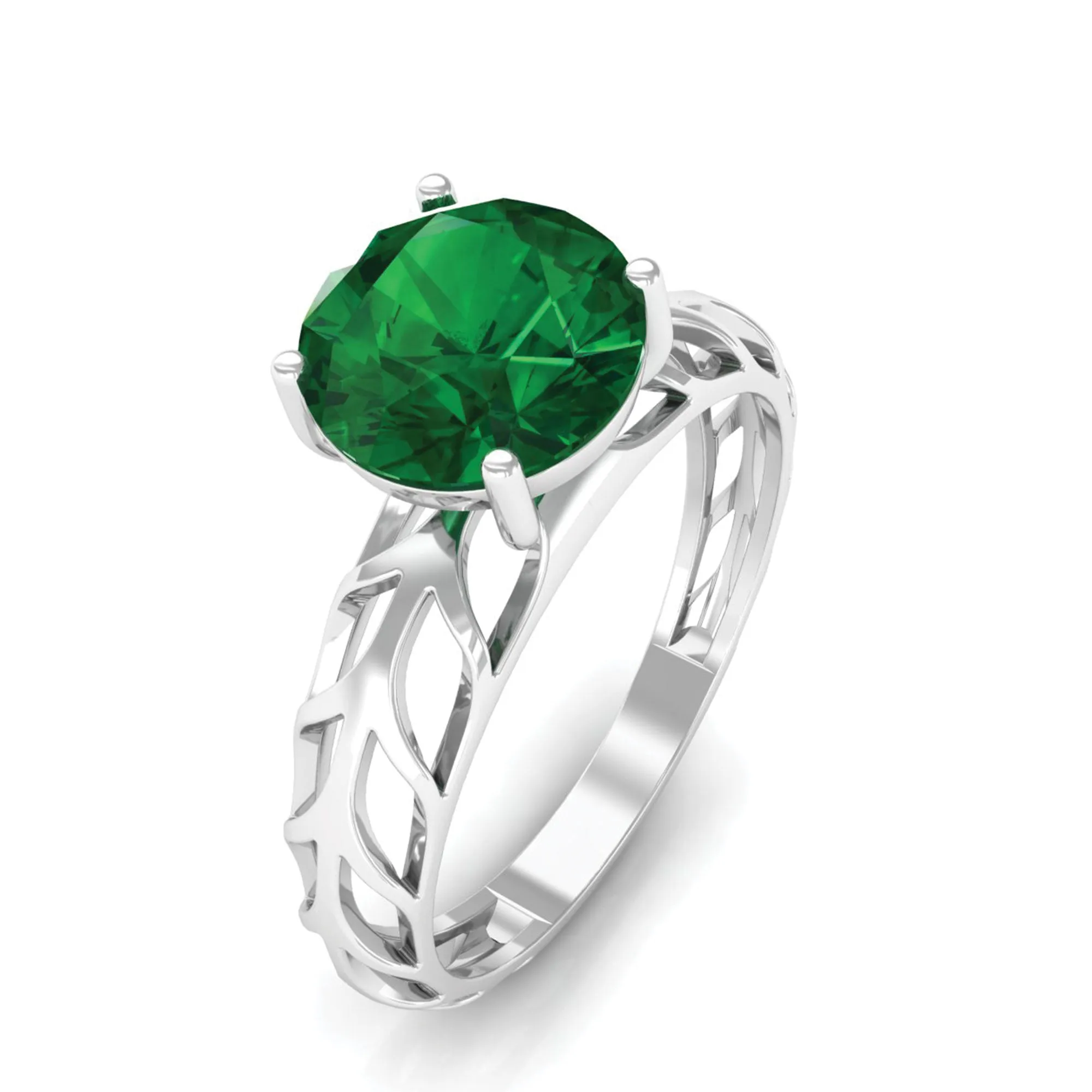 8 MM Round Created Emerald Solitaire Engagement Ring with Gold Filigree Details