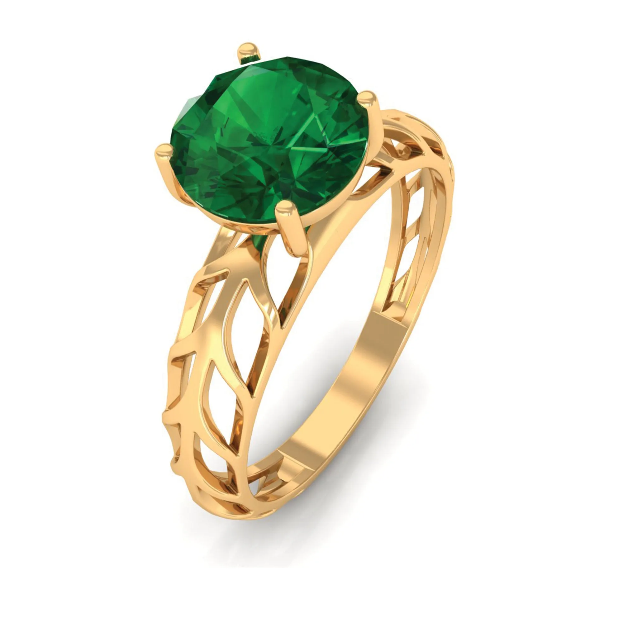 8 MM Round Created Emerald Solitaire Engagement Ring with Gold Filigree Details