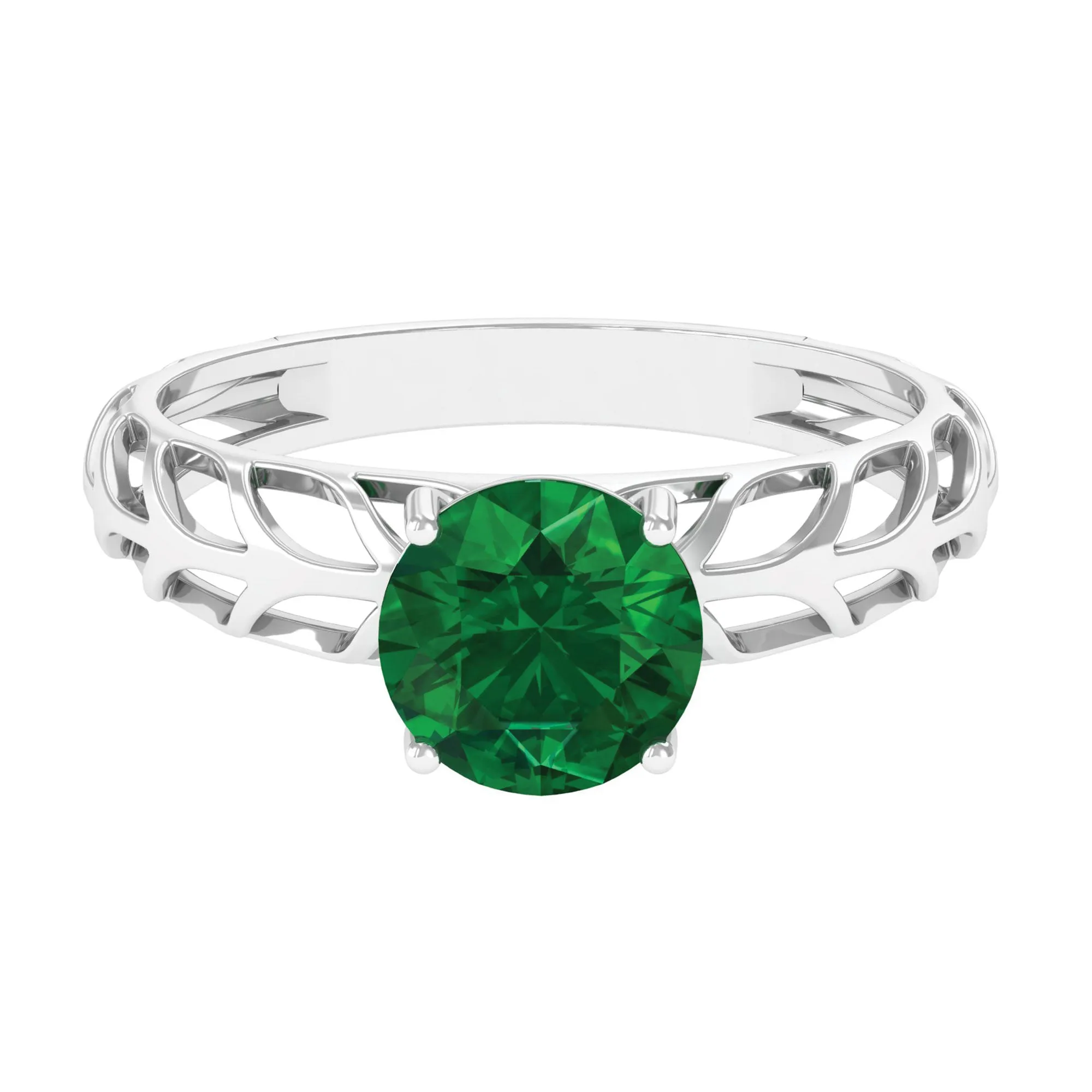 8 MM Round Created Emerald Solitaire Engagement Ring with Gold Filigree Details