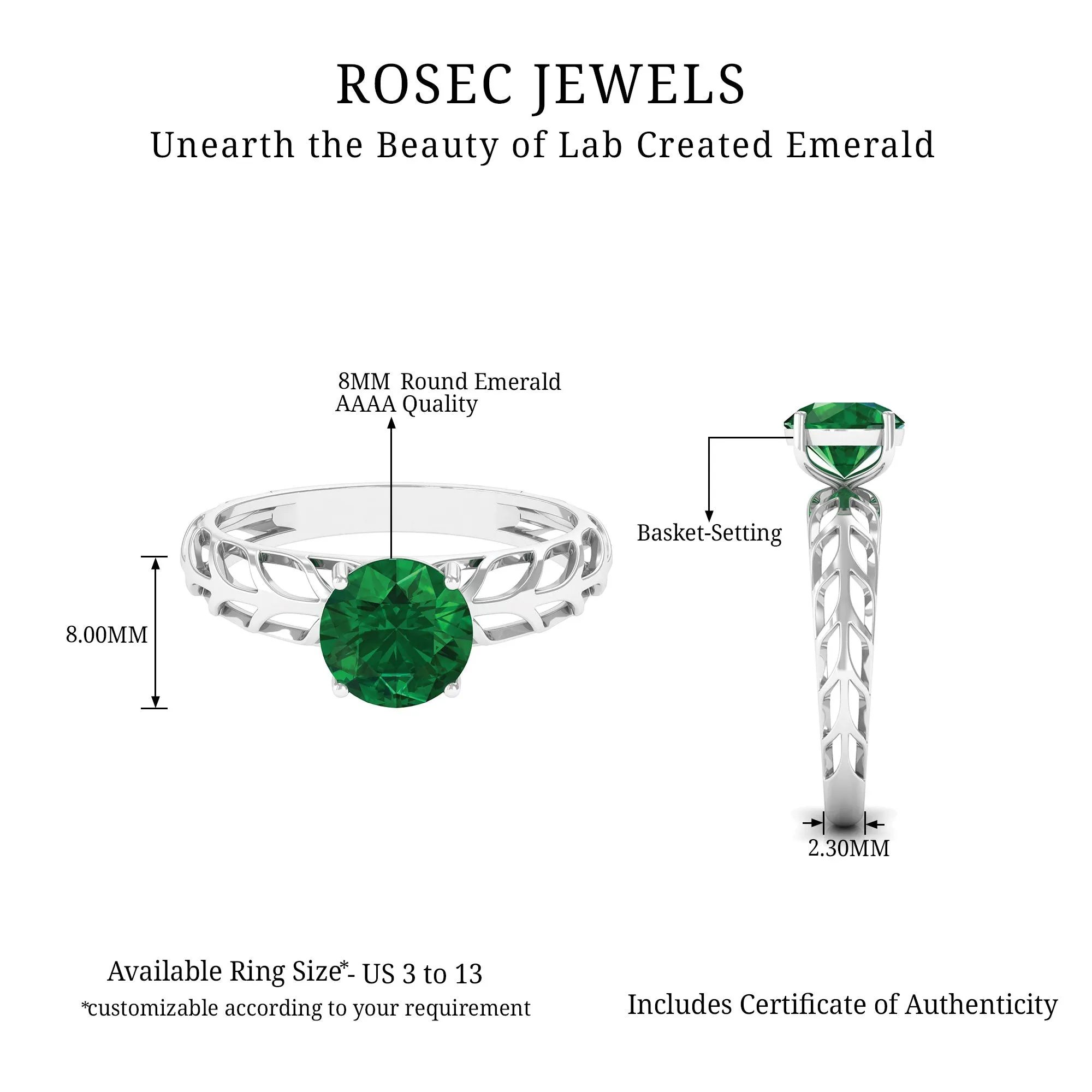 8 MM Round Created Emerald Solitaire Engagement Ring with Gold Filigree Details