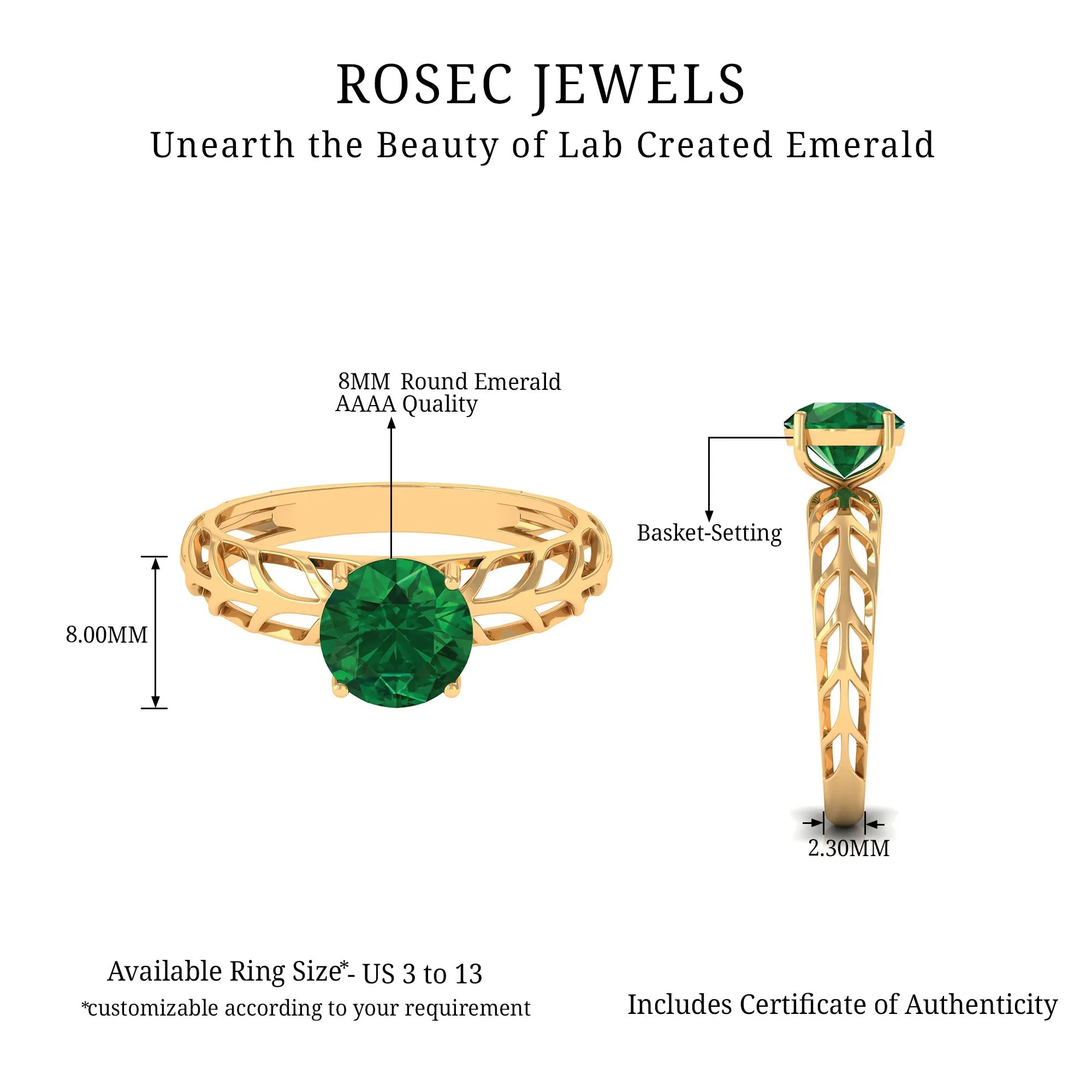 8 MM Round Created Emerald Solitaire Engagement Ring with Gold Filigree Details