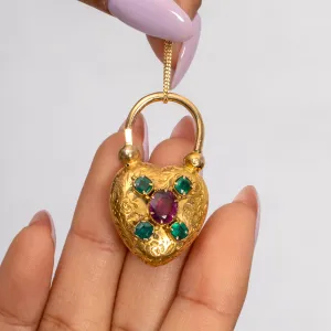 Antique 15ct Gold Emerald Heart Padlock, Locket-Back Pendant