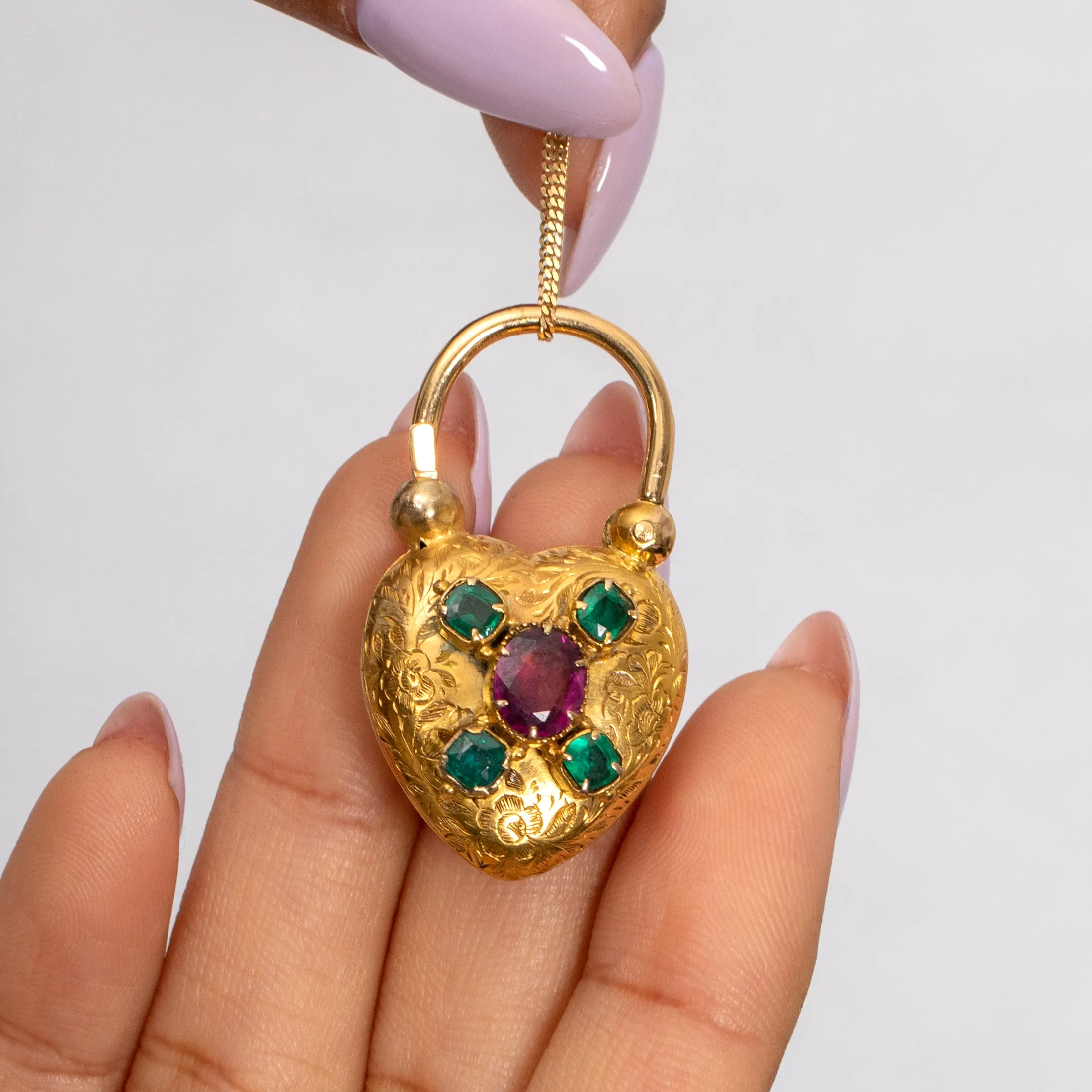 Antique 15ct Gold Emerald Heart Padlock, Locket-Back Pendant