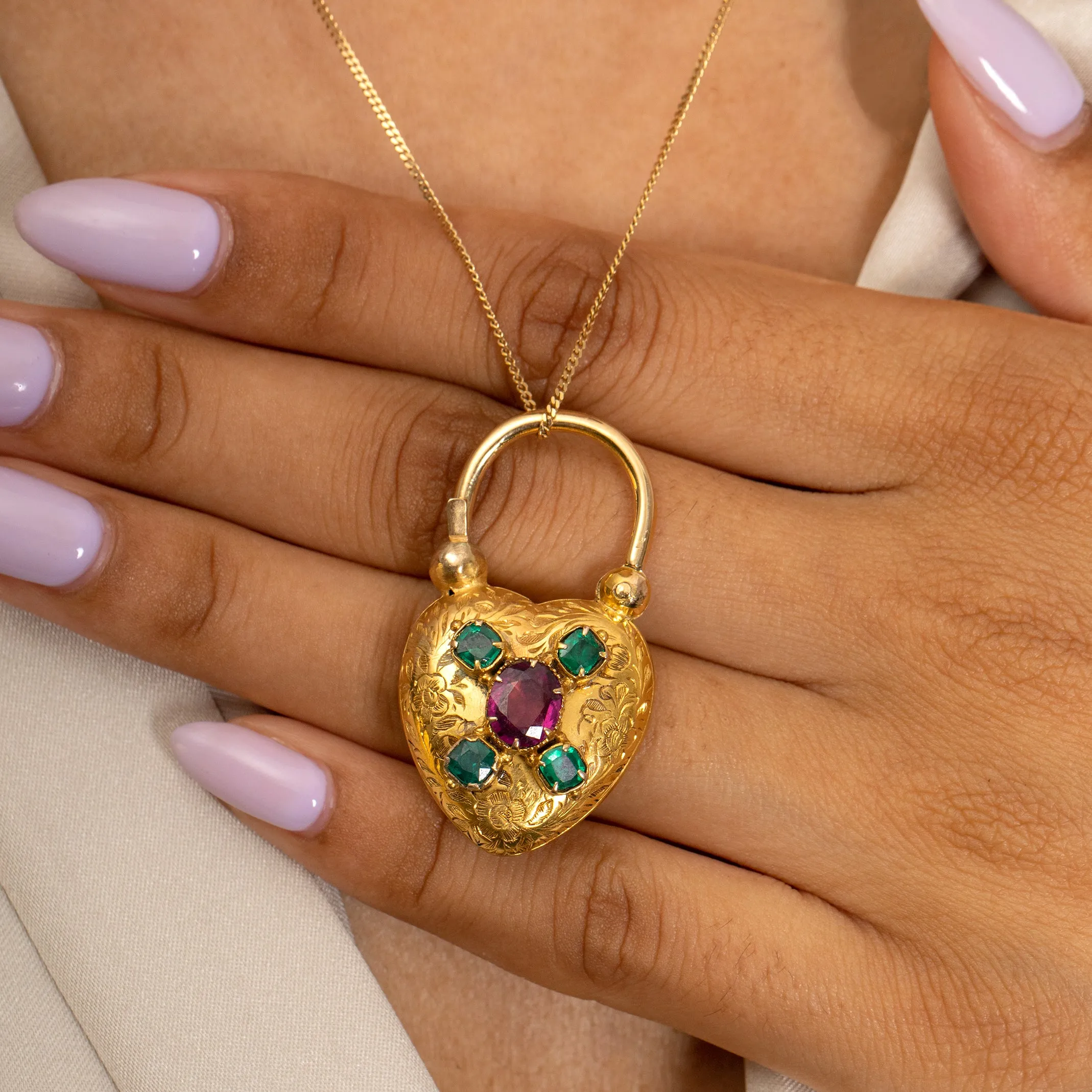 Antique 15ct Gold Emerald Heart Padlock, Locket-Back Pendant
