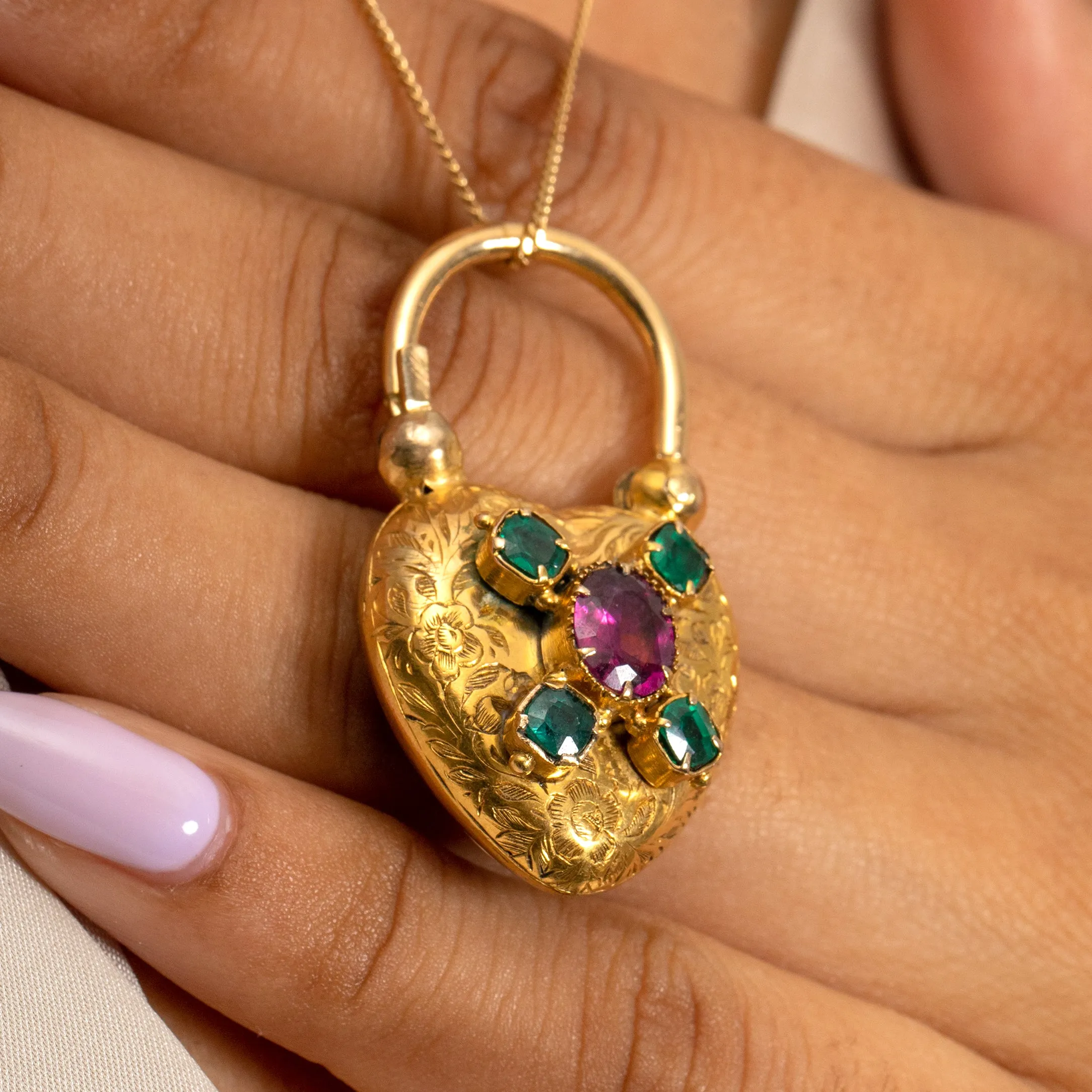 Antique 15ct Gold Emerald Heart Padlock, Locket-Back Pendant