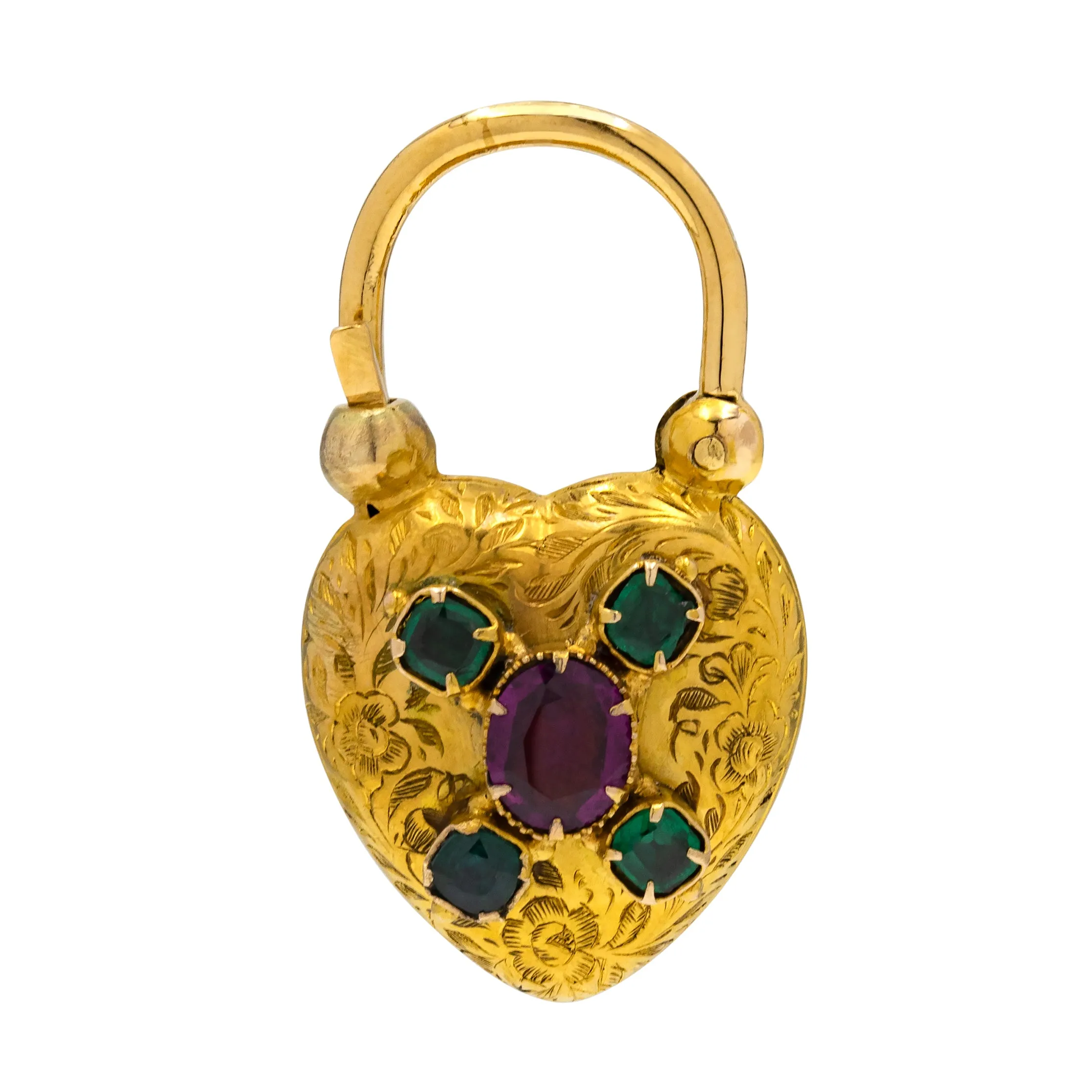 Antique 15ct Gold Emerald Heart Padlock, Locket-Back Pendant
