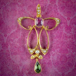 Antique Edwardian Suffragette Tourmaline Pearl Pendant 15ct Gold Circa 1910