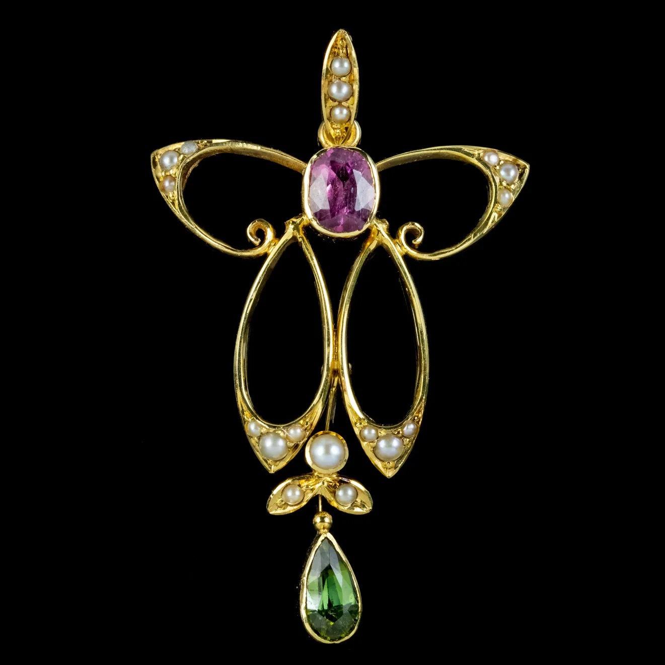 Antique Edwardian Suffragette Tourmaline Pearl Pendant 15ct Gold Circa 1910