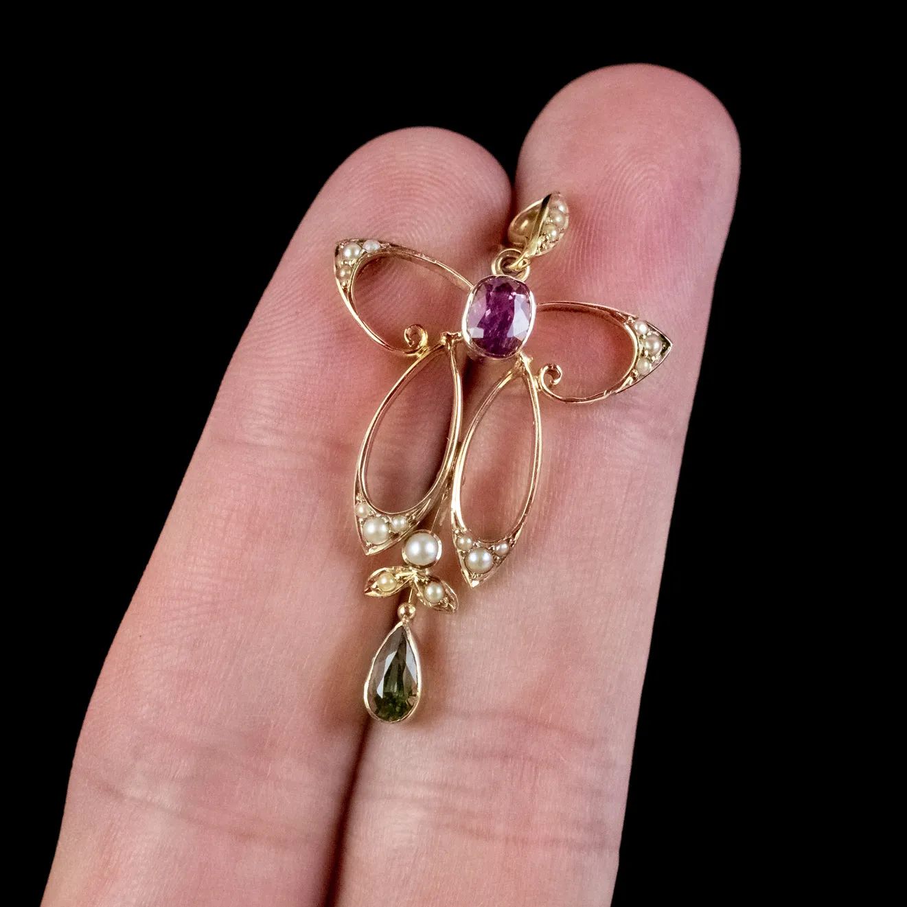 Antique Edwardian Suffragette Tourmaline Pearl Pendant 15ct Gold Circa 1910