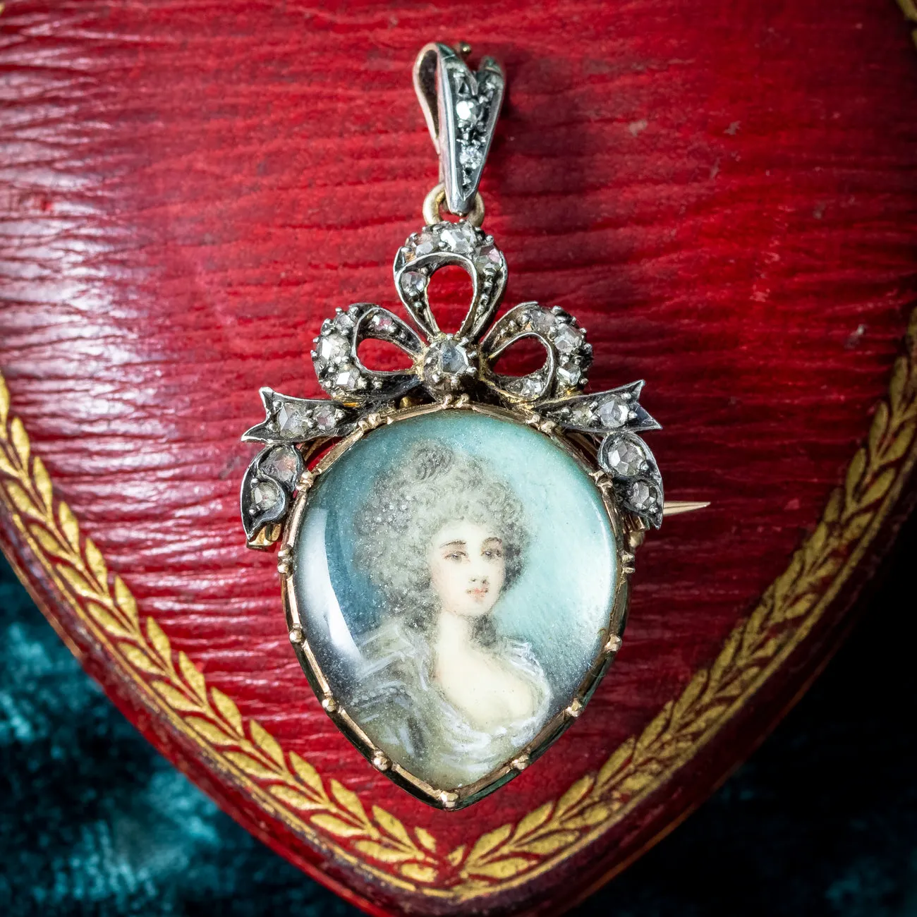 Antique Georgian Diamond Miniature Portrait Pendant With Heart Box