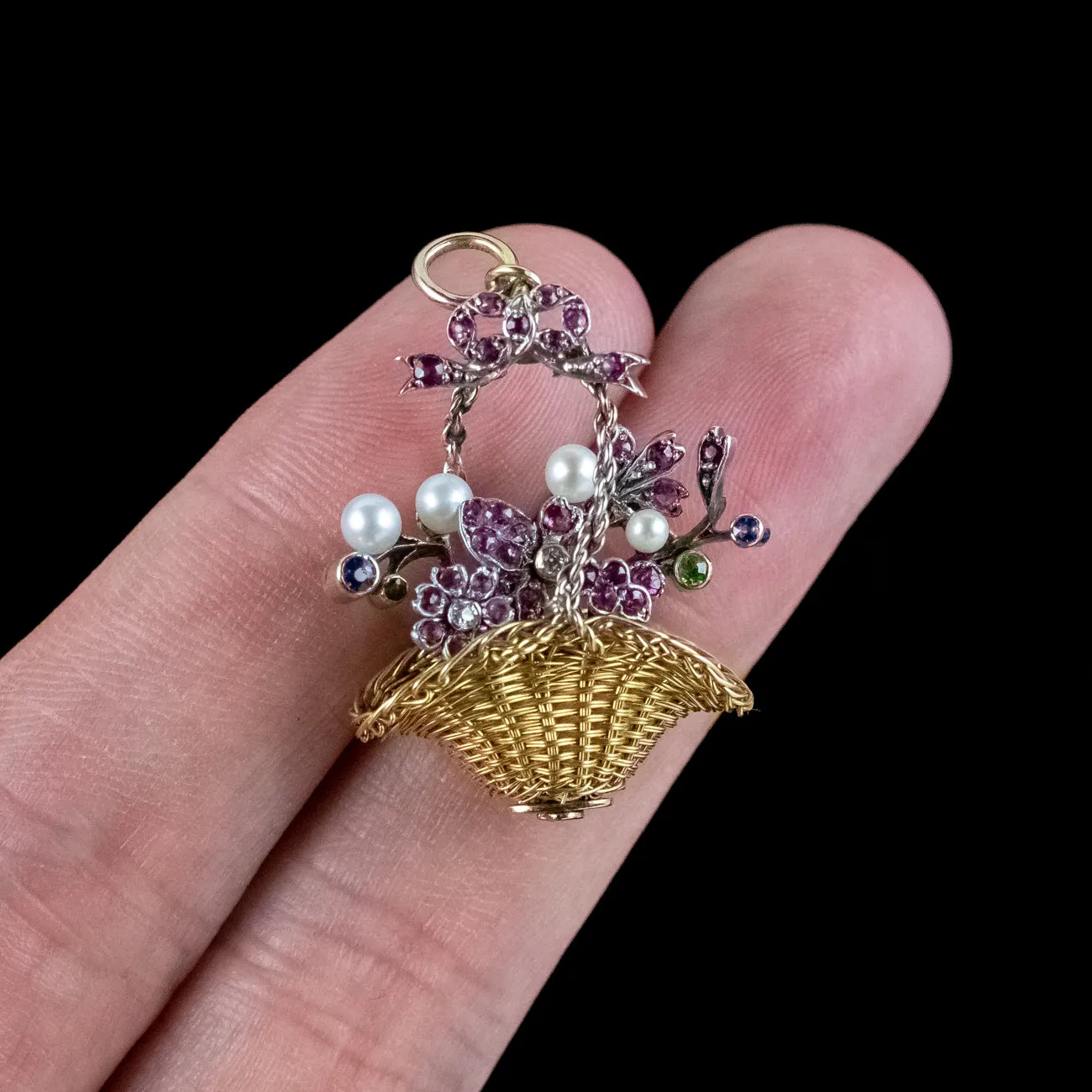 Antique Georgian Giardinetti Flower Basket Pendant Ruby Pearl Sapphire