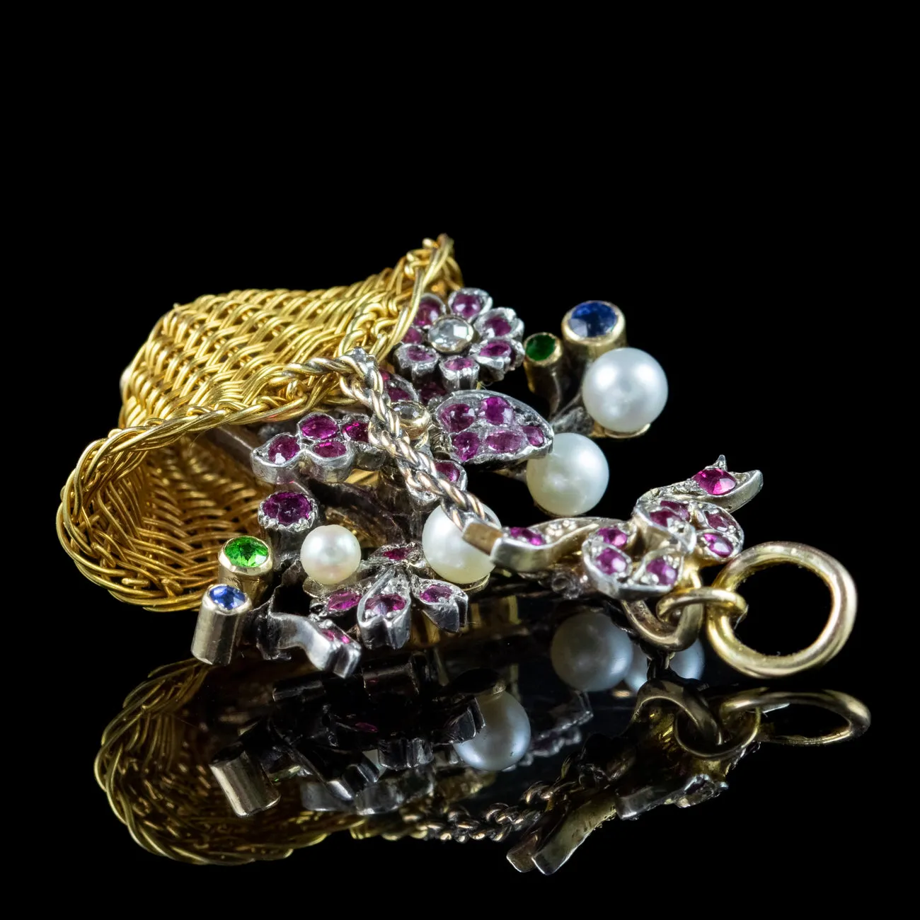 Antique Georgian Giardinetti Flower Basket Pendant Ruby Pearl Sapphire