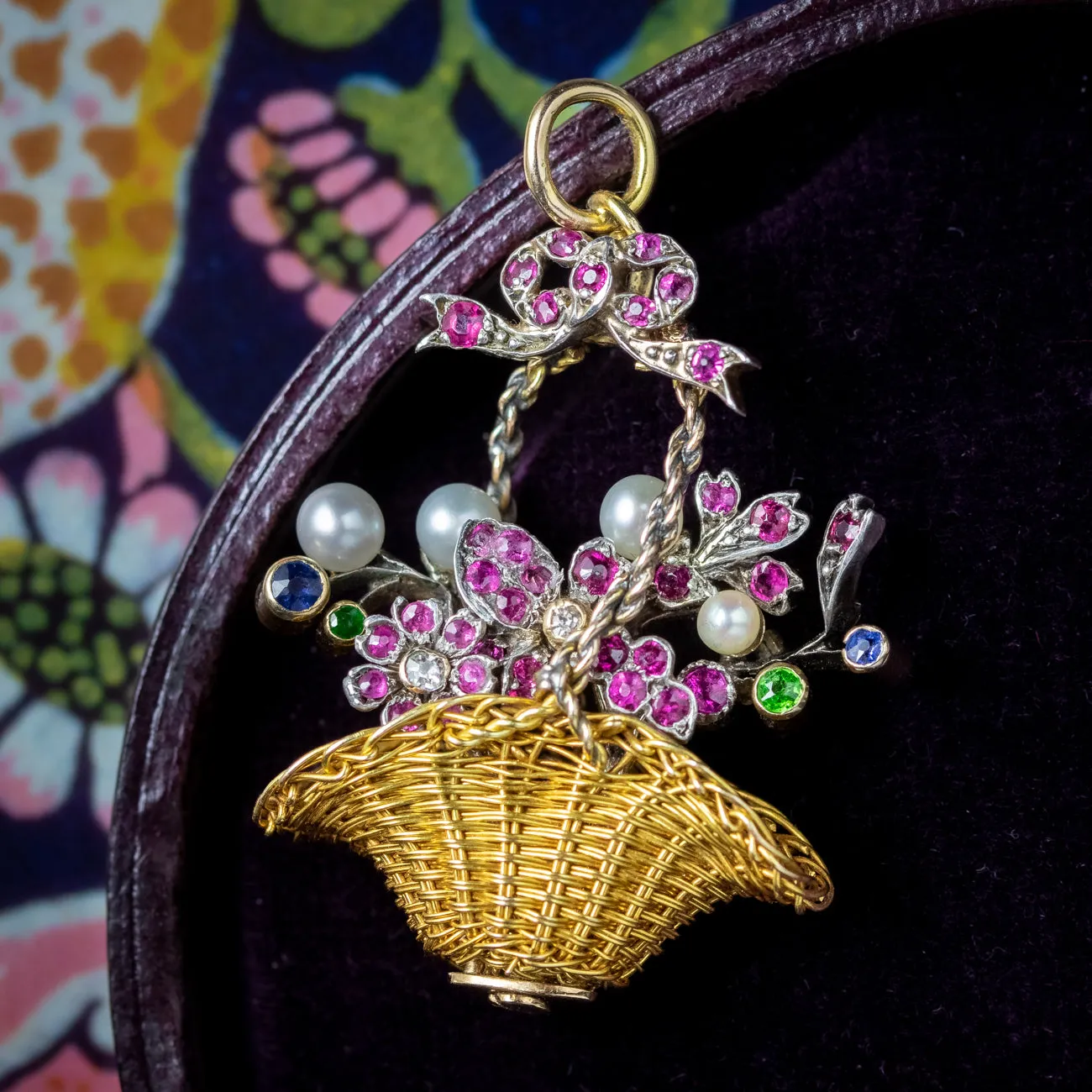 Antique Georgian Giardinetti Flower Basket Pendant Ruby Pearl Sapphire