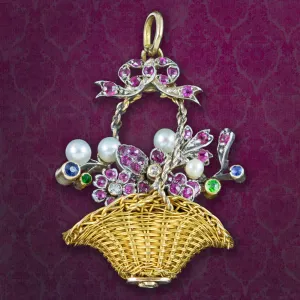 Antique Georgian Giardinetti Flower Basket Pendant Ruby Pearl Sapphire