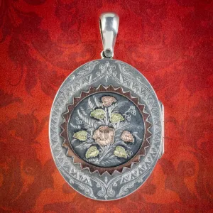 Antique Victorian Floral Locket Gold Sterling Silver Robinson And Mckewan Dated 1881