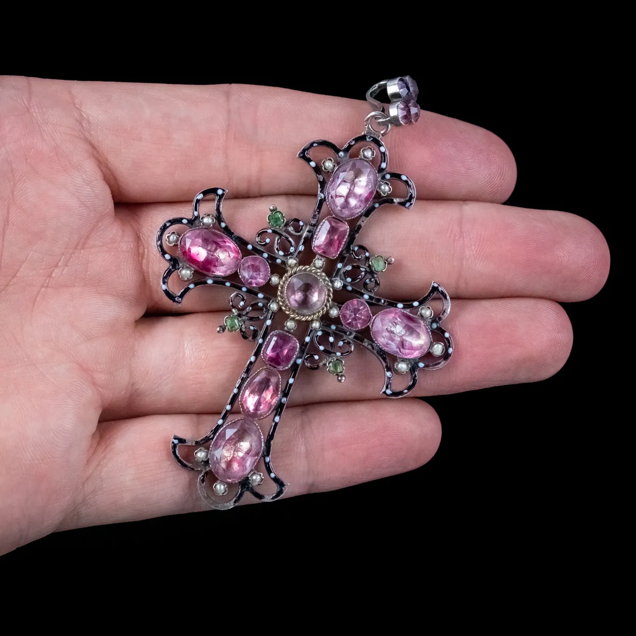 Antique Victorian French Cross Pendant Pink Paste Pearl Emerald Enamel