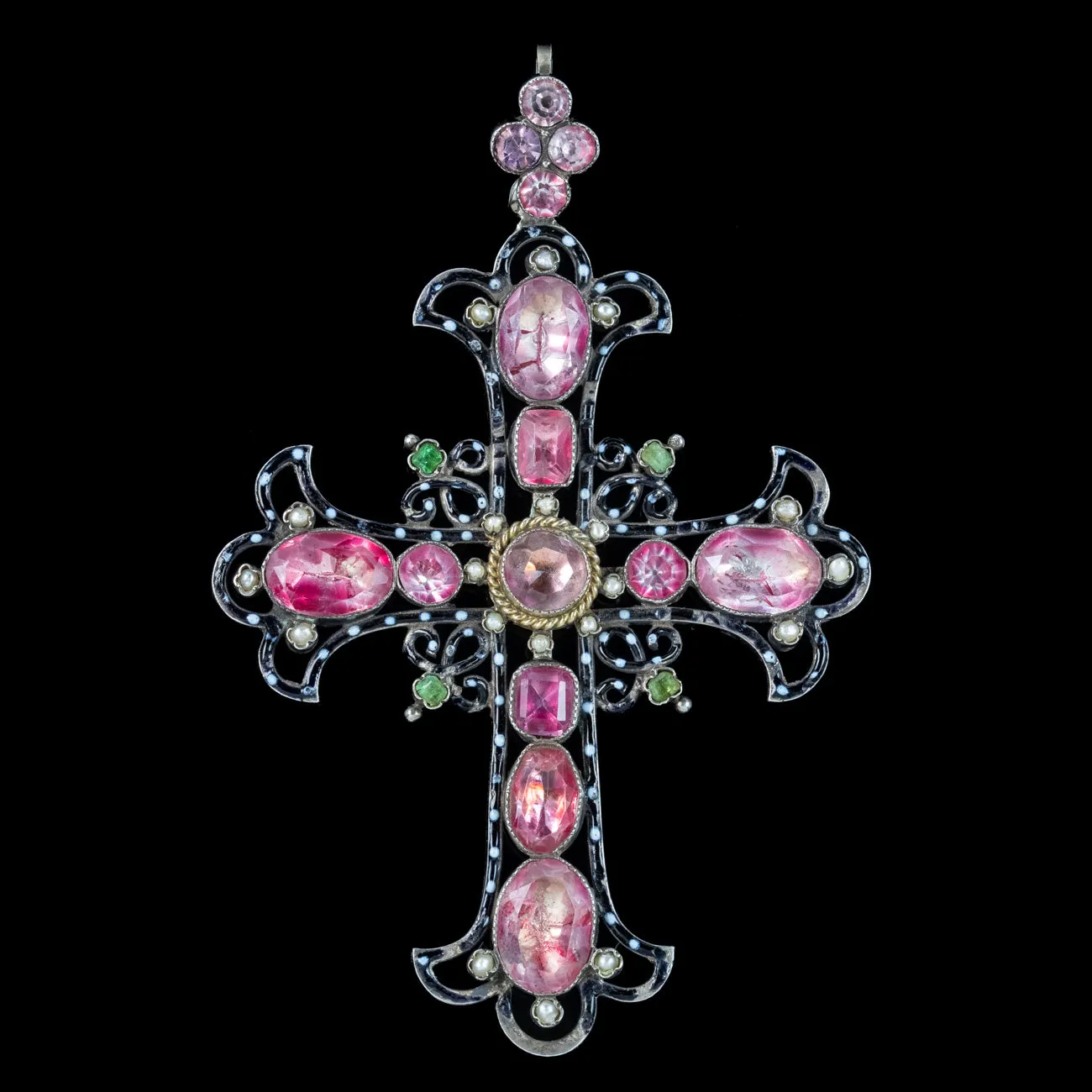 Antique Victorian French Cross Pendant Pink Paste Pearl Emerald Enamel
