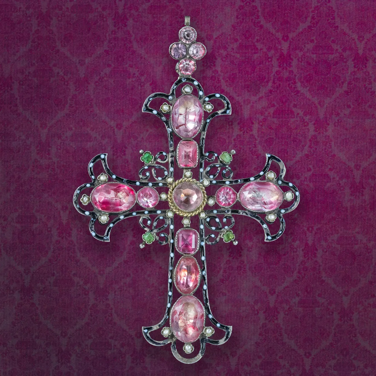 Antique Victorian French Cross Pendant Pink Paste Pearl Emerald Enamel
