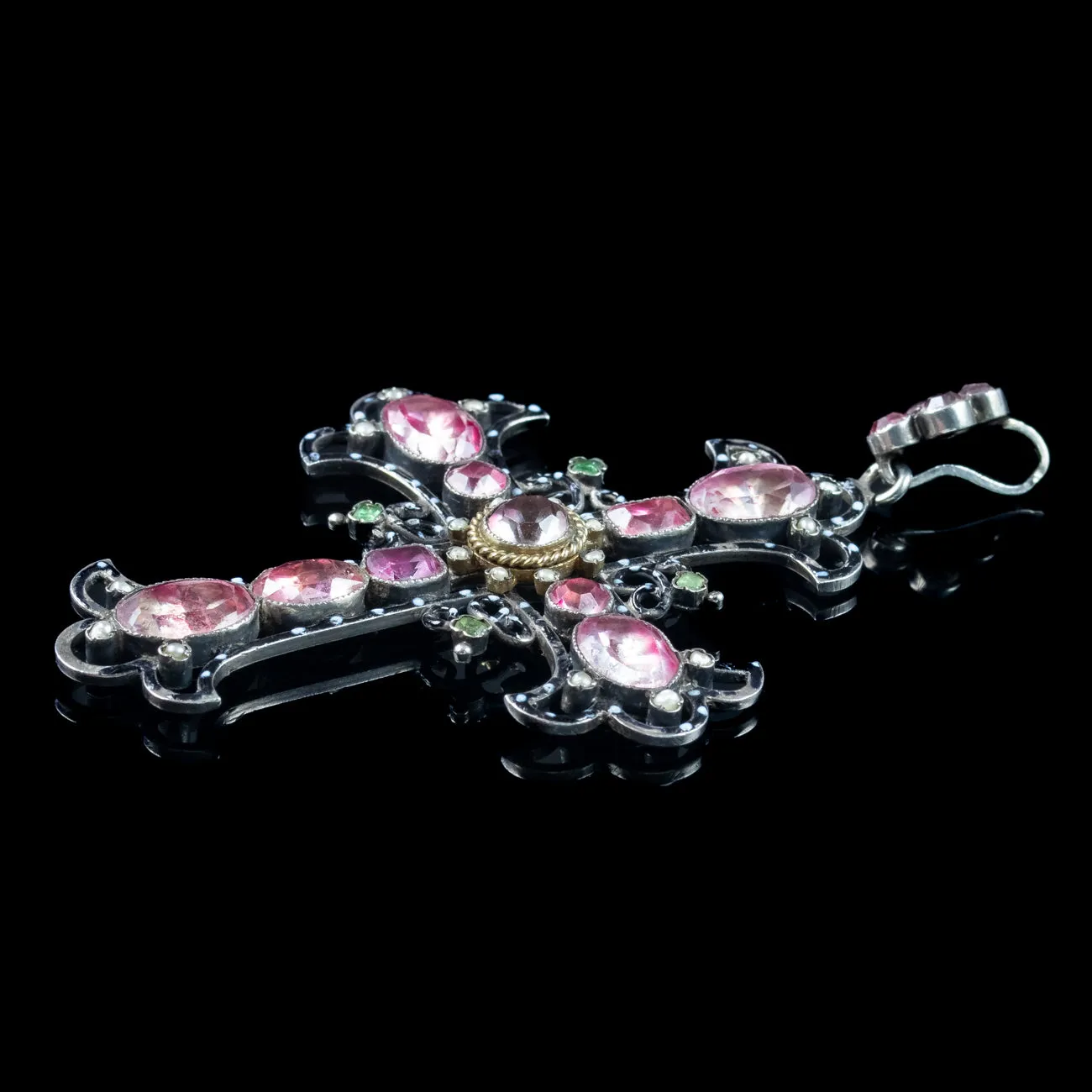 Antique Victorian French Cross Pendant Pink Paste Pearl Emerald Enamel