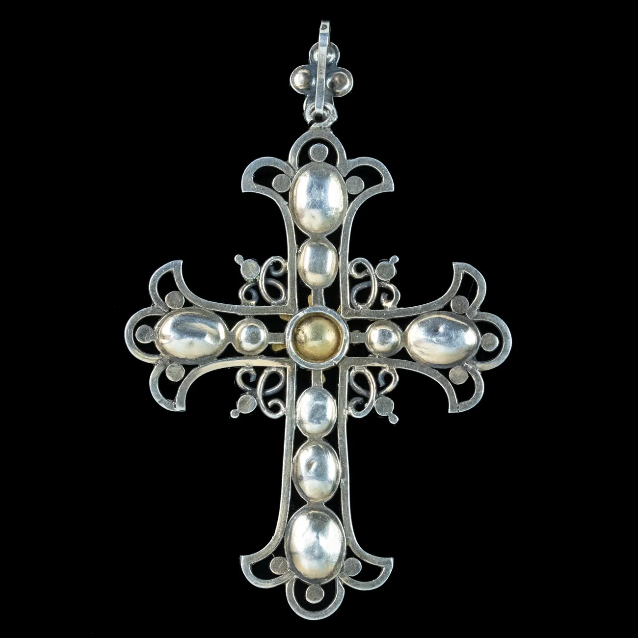 Antique Victorian French Cross Pendant Pink Paste Pearl Emerald Enamel
