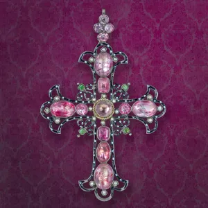Antique Victorian French Cross Pendant Pink Paste Pearl Emerald Enamel