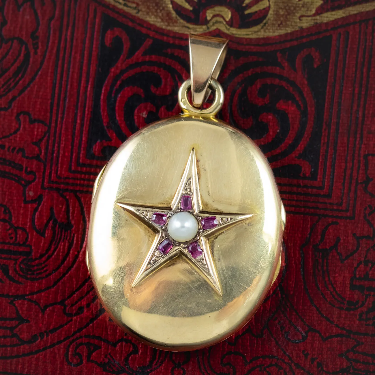 Antique Victorian French Ruby Pearl Star Locket 18ct Gold