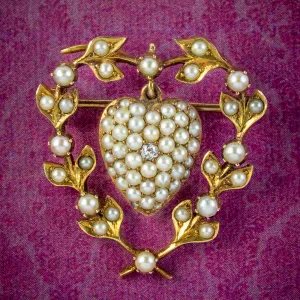 Antique Victorian Pearl Diamond Heart Brooch 15ct Gold With Locket