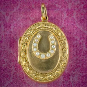 Antique Victorian Pearl Horseshoe Locket 15ct Gold Circa 1890