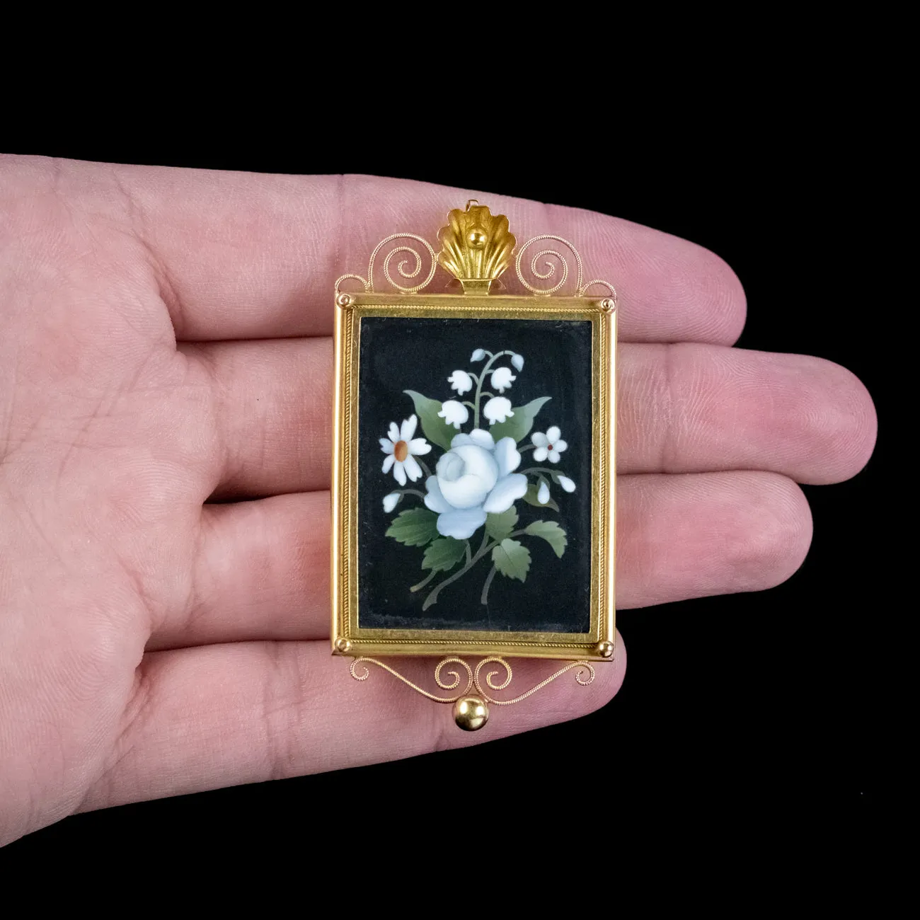 Antique Victorian Pietra Dura Flower Locket 18ct Gold