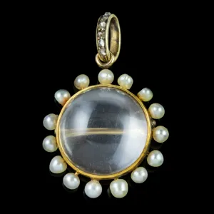 Antique Victorian Rock Crystal Pearl Diamond Locket 18ct Gold