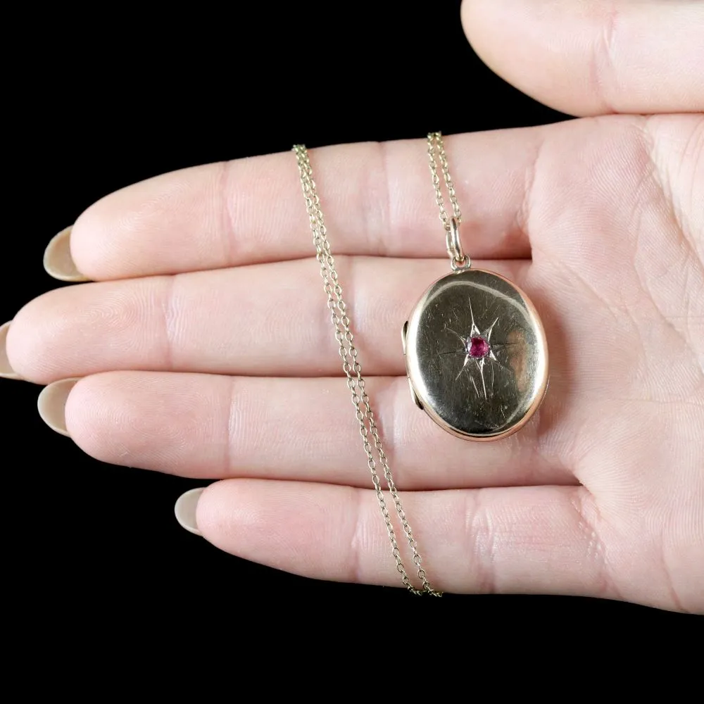 Antique Victorian Ruby Gold Locket And Chain Circa 1900