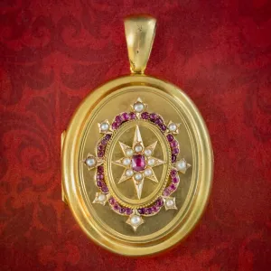 Antique Victorian Ruby Pearl Star Locket 18ct Gold