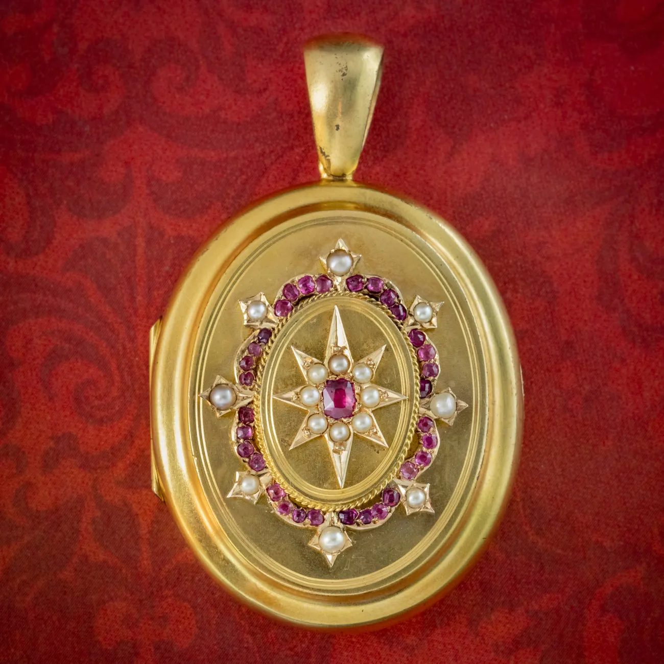 Antique Victorian Ruby Pearl Star Locket 18ct Gold
