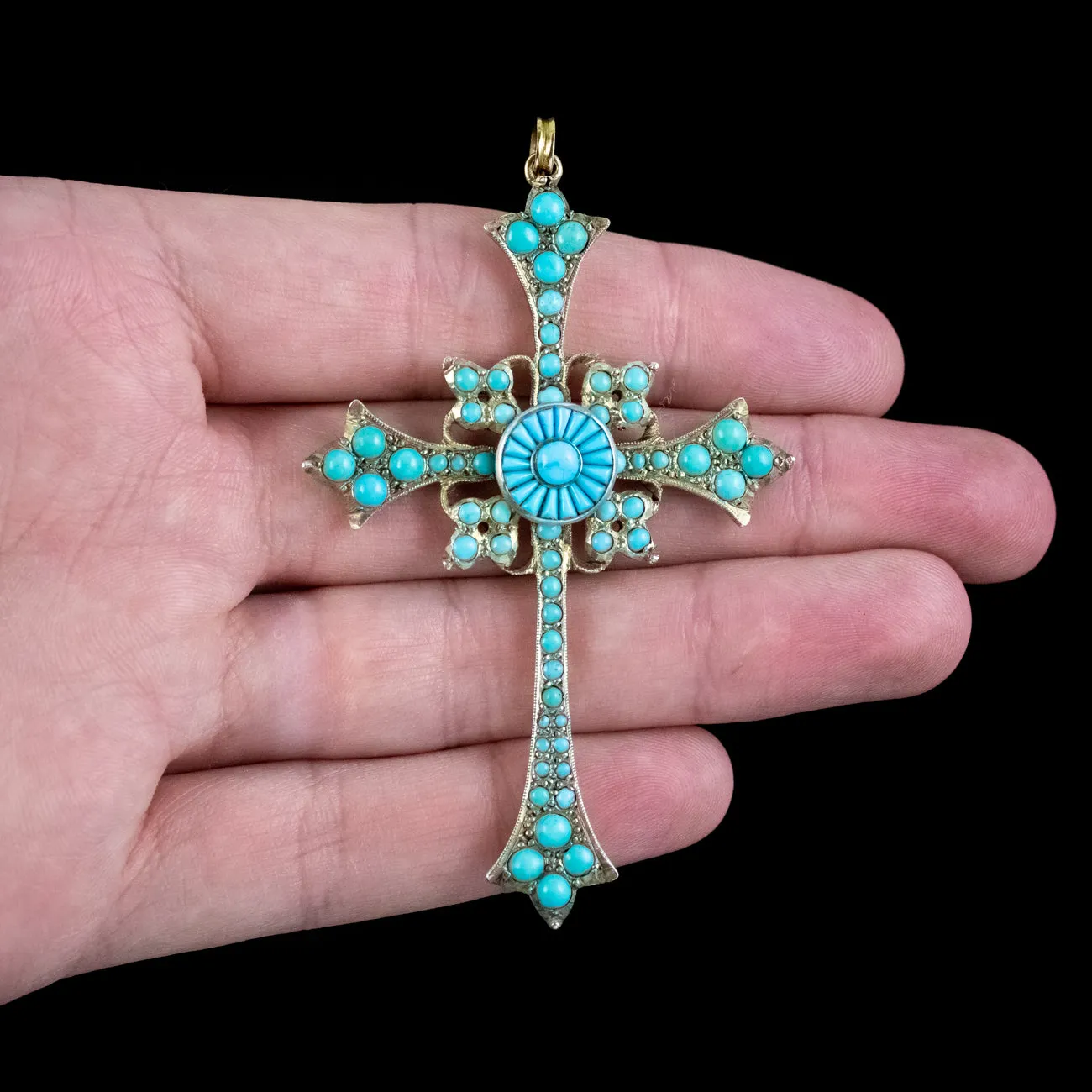 Antique Victorian Turquoise Cross Pendant Silver Gilt