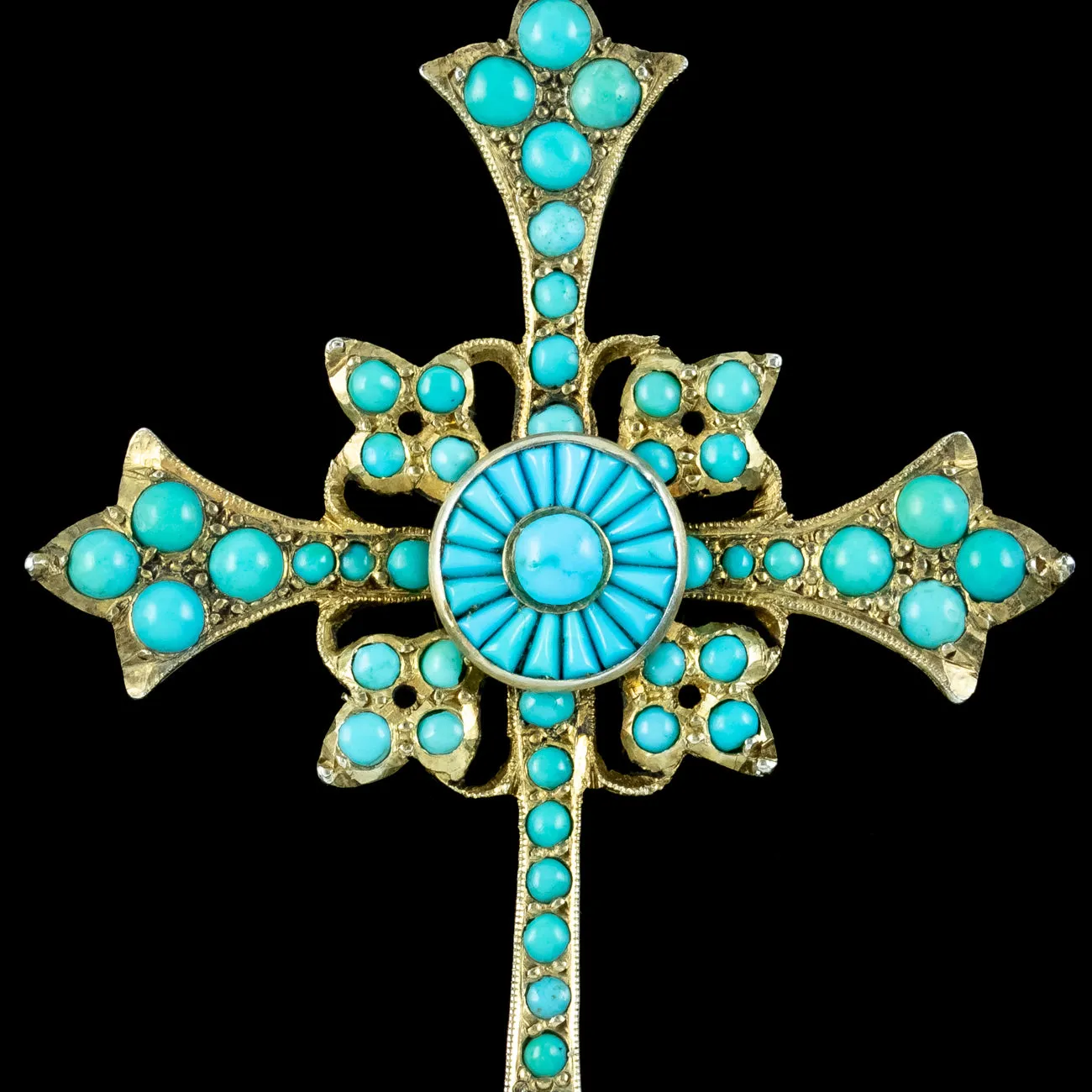 Antique Victorian Turquoise Cross Pendant Silver Gilt