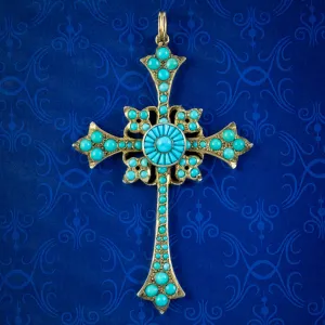 Antique Victorian Turquoise Cross Pendant Silver Gilt
